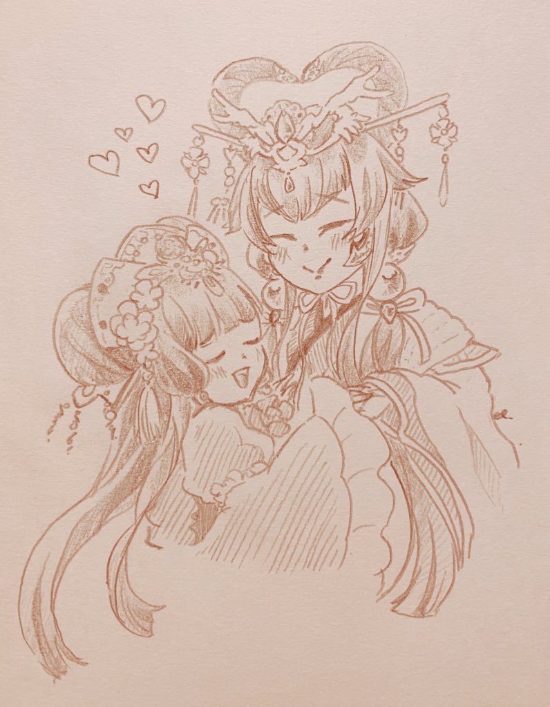 2girls, blush, chao_feng, chinese_clothes, closed_eyes, commentary_request, dress, elice, heart, holding_hands, hug, jewelry, lips, long_hair, low_twintails, multiple_girls, open_mouth, orange_background, sho_kunrin, simple_background, smile, thunderbolt_fantasy, tiara, twintails