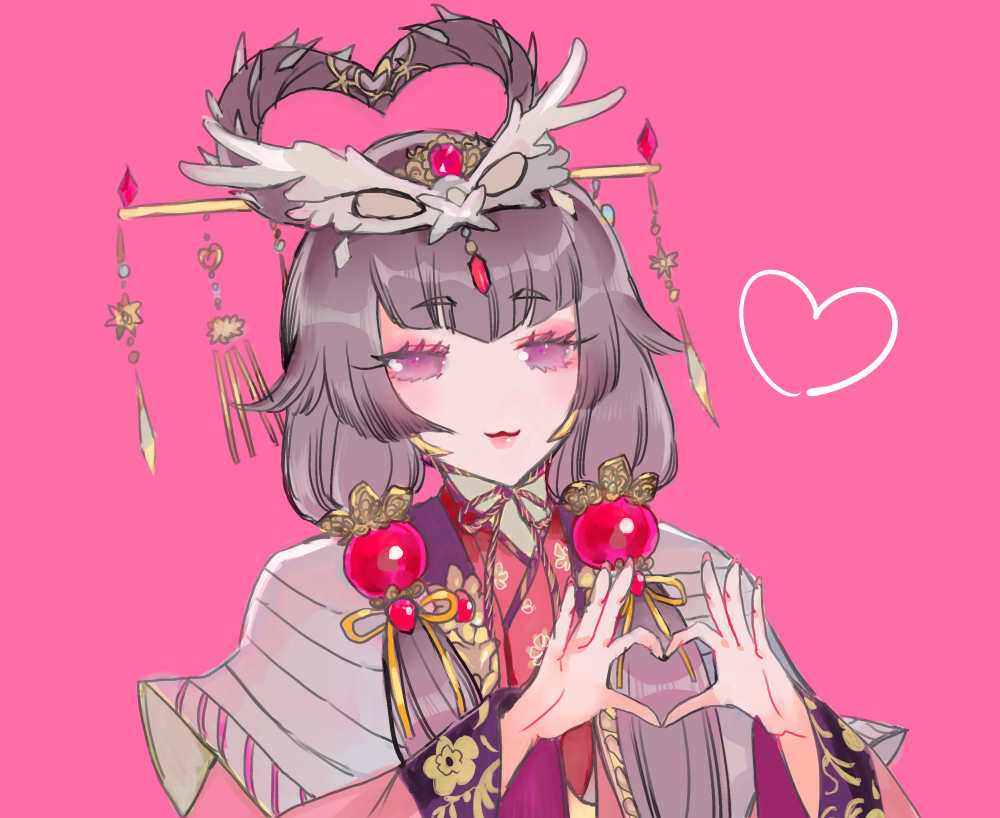1girl, :3, black_hair, chinese_clothes, commentary_request, dress, fingernails, heart, heart_hands, hyakuichi, jewelry, lips, long_fingernails, long_hair, looking_at_viewer, low_twintails, nail_polish, pink_background, pink_dress, red_eyes, sho_kunrin, simple_background, solo, thunderbolt_fantasy, tiara, twintails