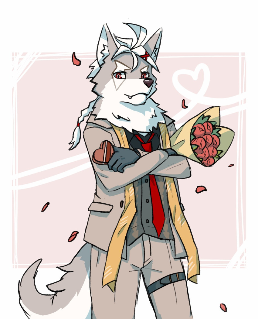 1boy, animal_ear_fluff, animal_ears, black_gloves, black_shirt, bouquet, brown_coat, brown_pants