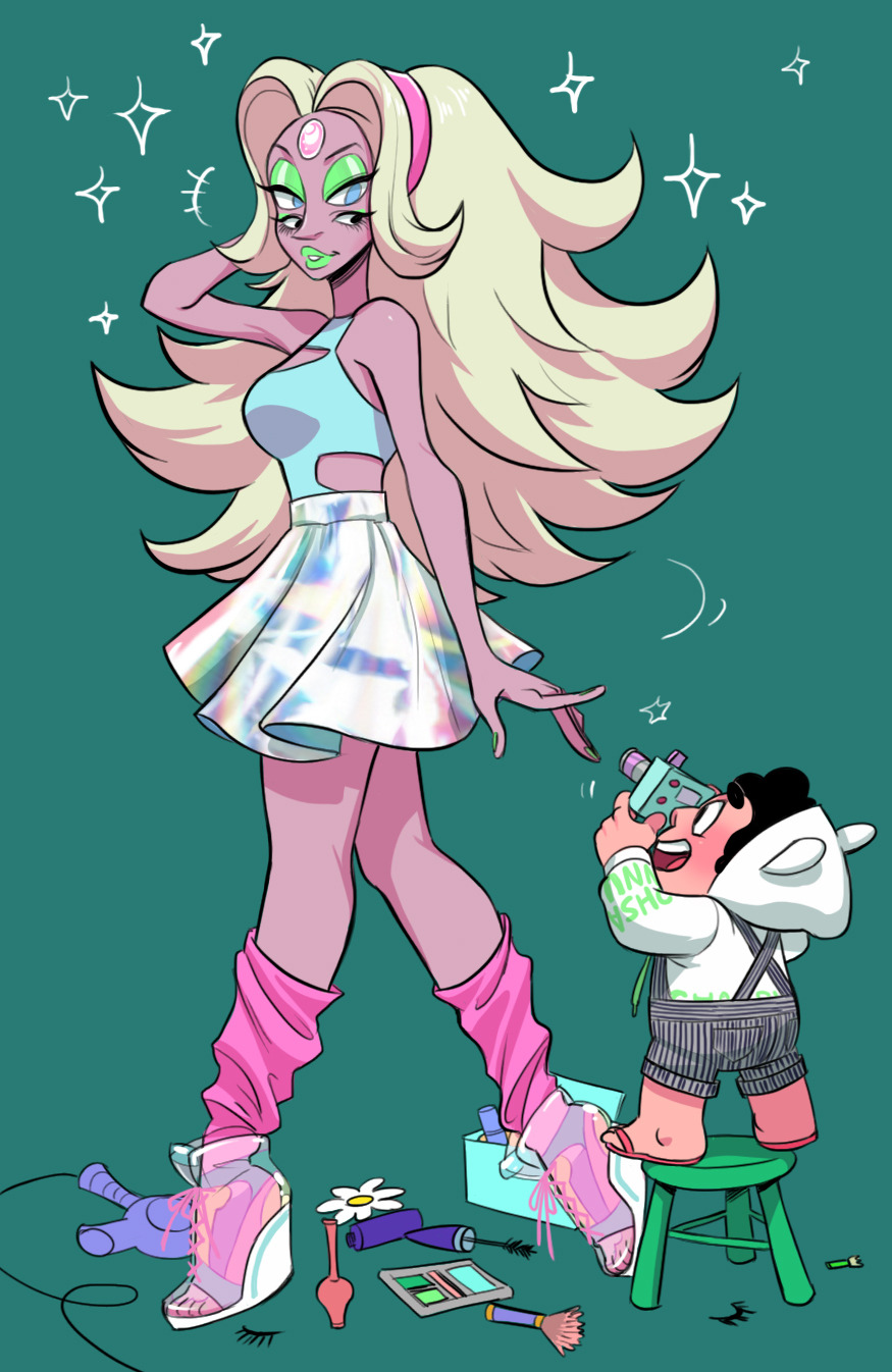 1boy, 1girl, black_eyes, blonde_hair, blue_eyes, camera, extra_eyes, eyeshadow