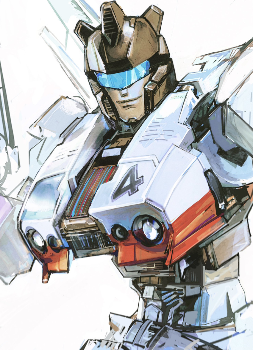 assault_visor, highres, jazz_(transformers), looking_at_viewer, mecha, mecha_focus, no_humans, robot, s5-hvs1, science_fiction, simple_background, smile, solo, transformers, upper_body, white_background