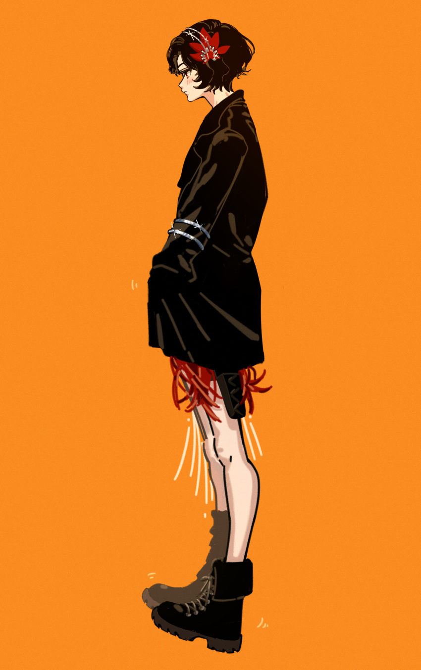 1girl, absurdres, ankle_boots, black_coat, black_footwear, black_hair, blush, boots