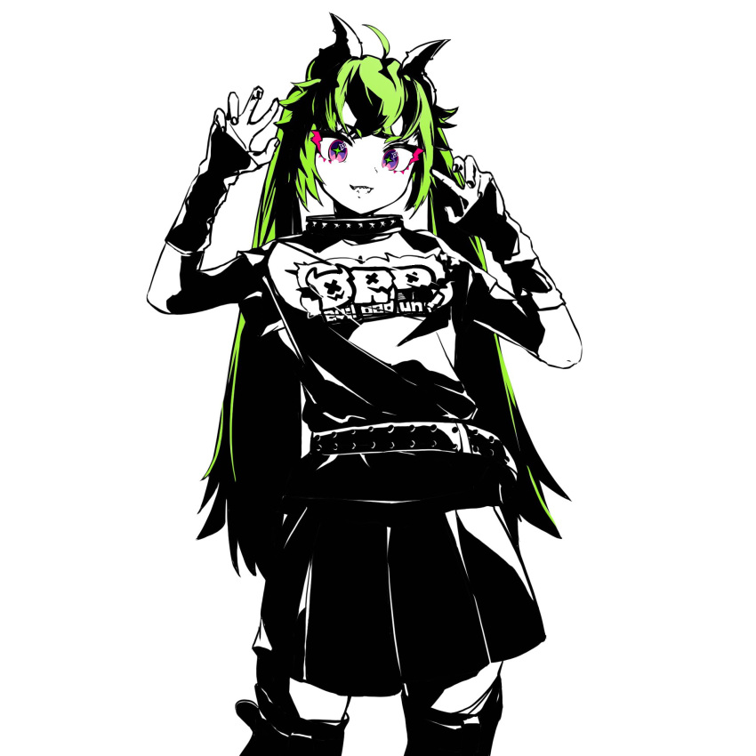 1girl, belt, claw_pose, cowlick, demon_girl, devil_road_run, green_hair, highres
