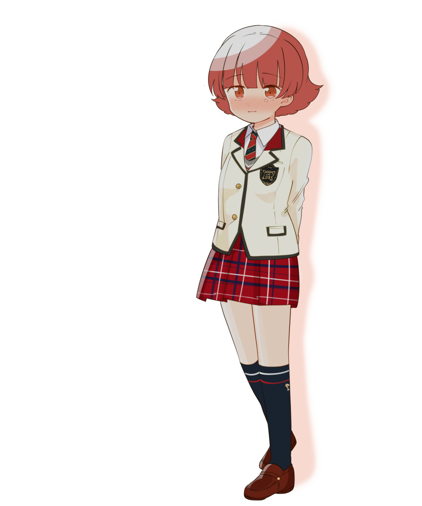 1girl, absurdres, arms_behind_back, black_socks, blunt_bangs, blush, breasts, brown_footwear