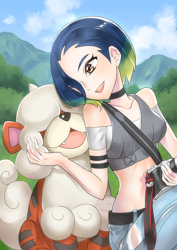 1girl, armband, bare_shoulders, black_armband, black_choker, blue_hair, bob_cut, breasts