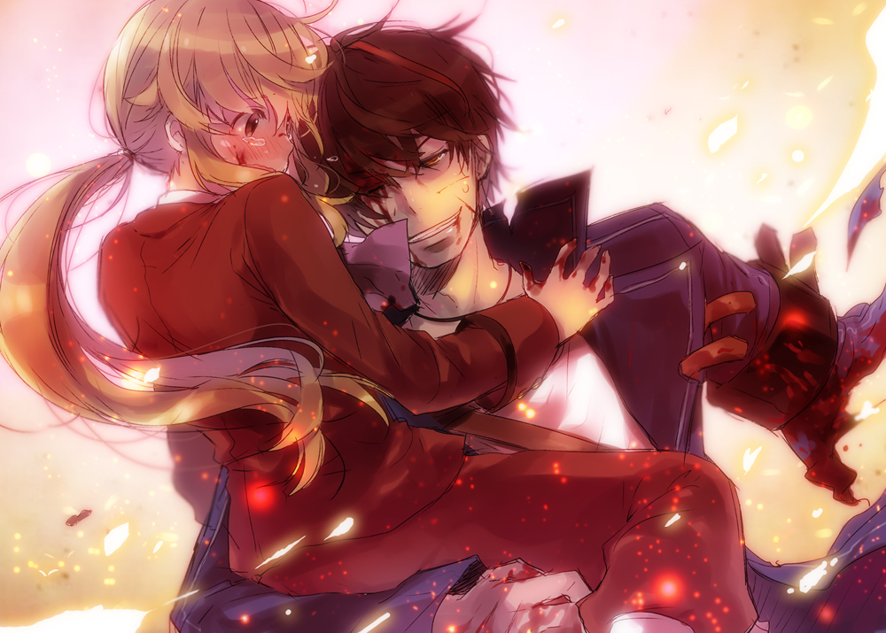 blood, carrying, injury, kl, ponytail, red_eyes, red_hair, redhead