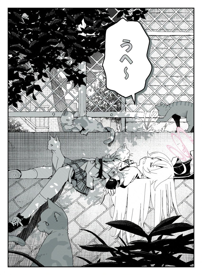 1girl, absurdres, ahoge, black_footwear, black_gloves, blue_archive, border, cat