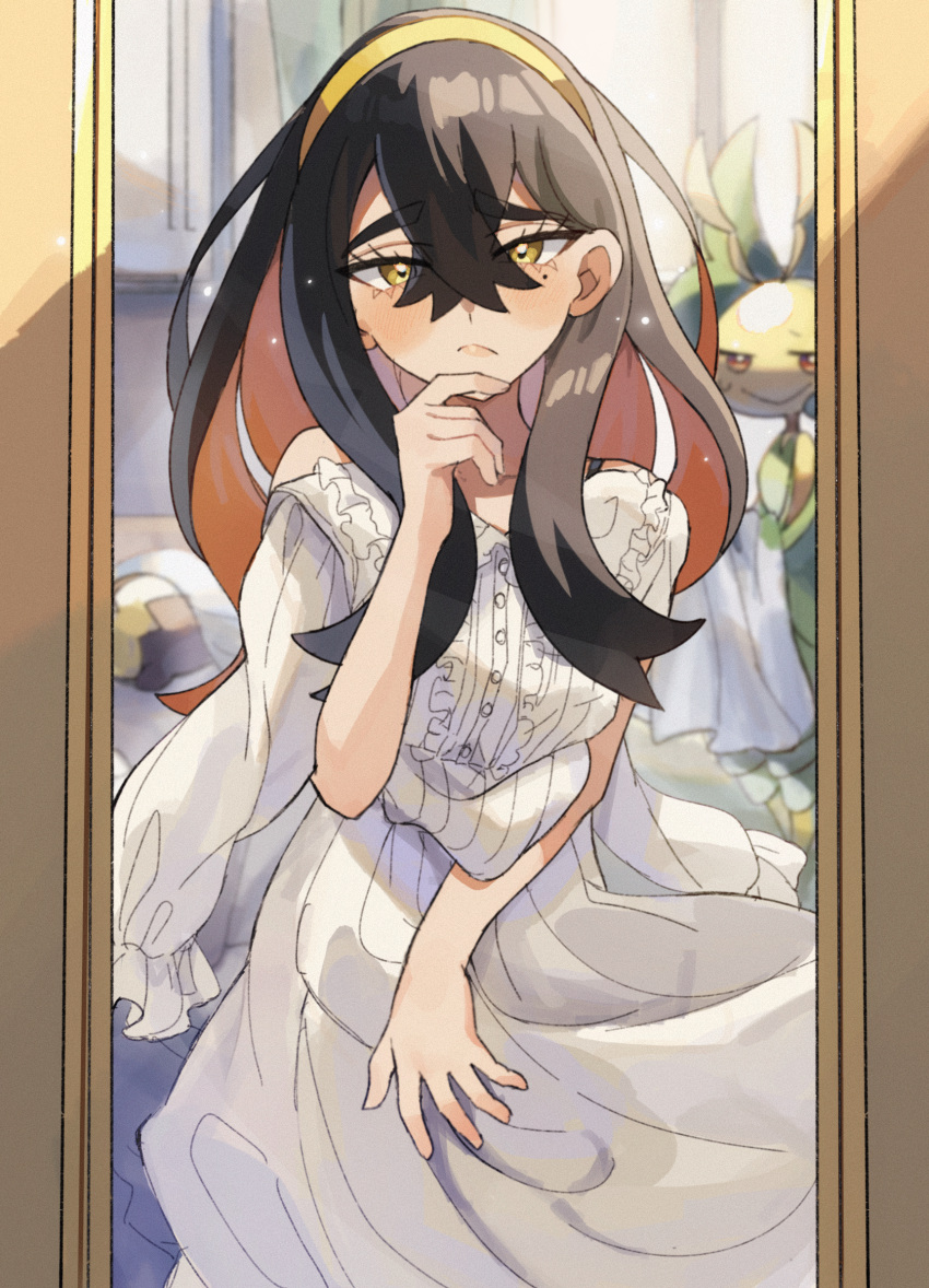 1girl, black_hair, carmine_(pokemon), colored_inner_hair, crossed_bangs, dress, hair_between_eyes, hairband