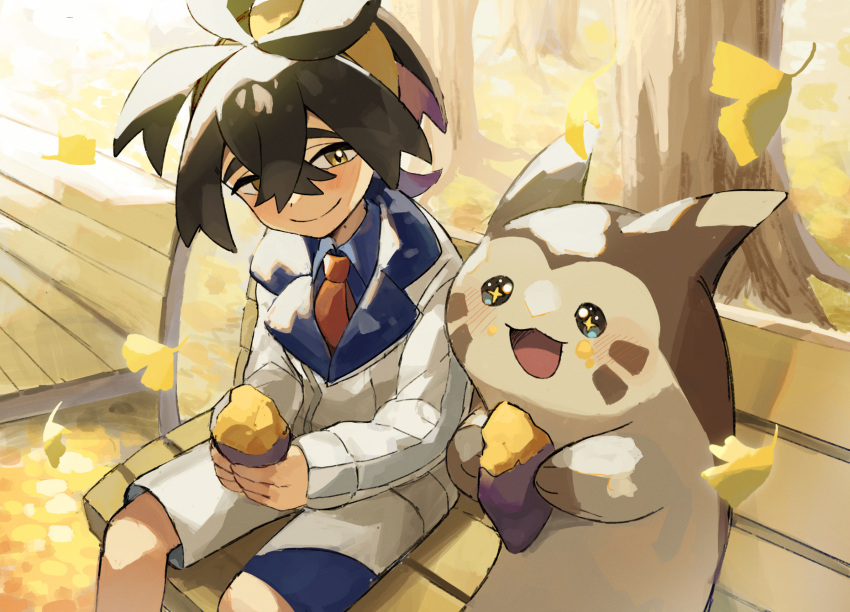 1boy, autumn, autumn_leaves, bench, black_hair, blue_shirt, collared_shirt, food