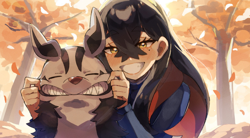 1girl, autumn, autumn_leaves, black_hair, carmine_(pokemon), closed_eyes, colored_inner_hair, crossed_bangs, eyelashes, falling_leaves, grey_fur, hair_between_eyes, highres, leaf, long_hair, looking_at_viewer, matsuda_(0yx38755230263c), mightyena, mole, mole_under_eye, multicolored_hair, outdoors, pokemon, pokemon_(creature), pokemon_sv, raised_eyebrows, red_hair, sharp_teeth, smile, teeth, tree, two-tone_hair, yellow_eyes