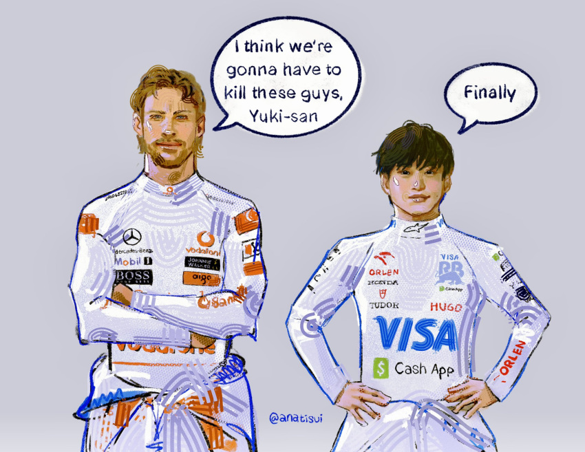 2boys, alpinestars_(brand), crossed_arms, english_text, formula_one, grey_background, hands_in_pockets, highres