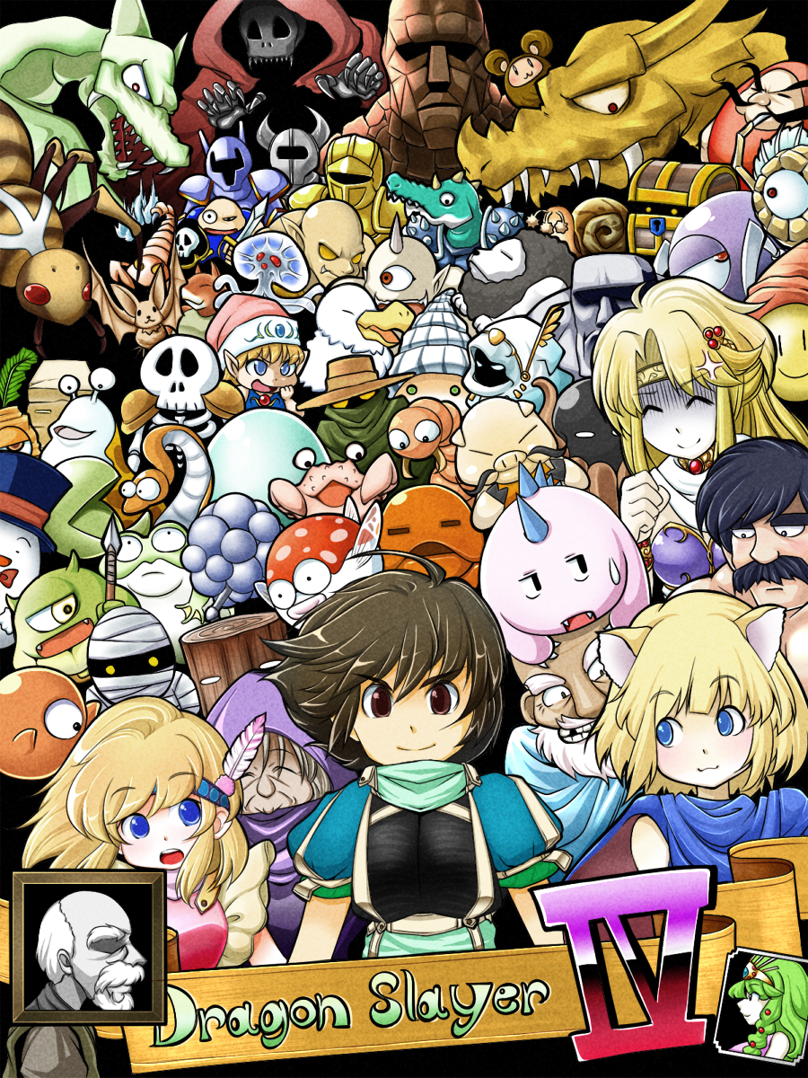 animal_ears, armor, bald, beard, black_hair, blonde_hair, blue_eyes, bow