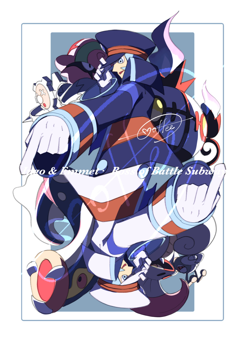 2boys, absurdres, accelgor, black_coat, black_hat, border, cccacademia, chandelure