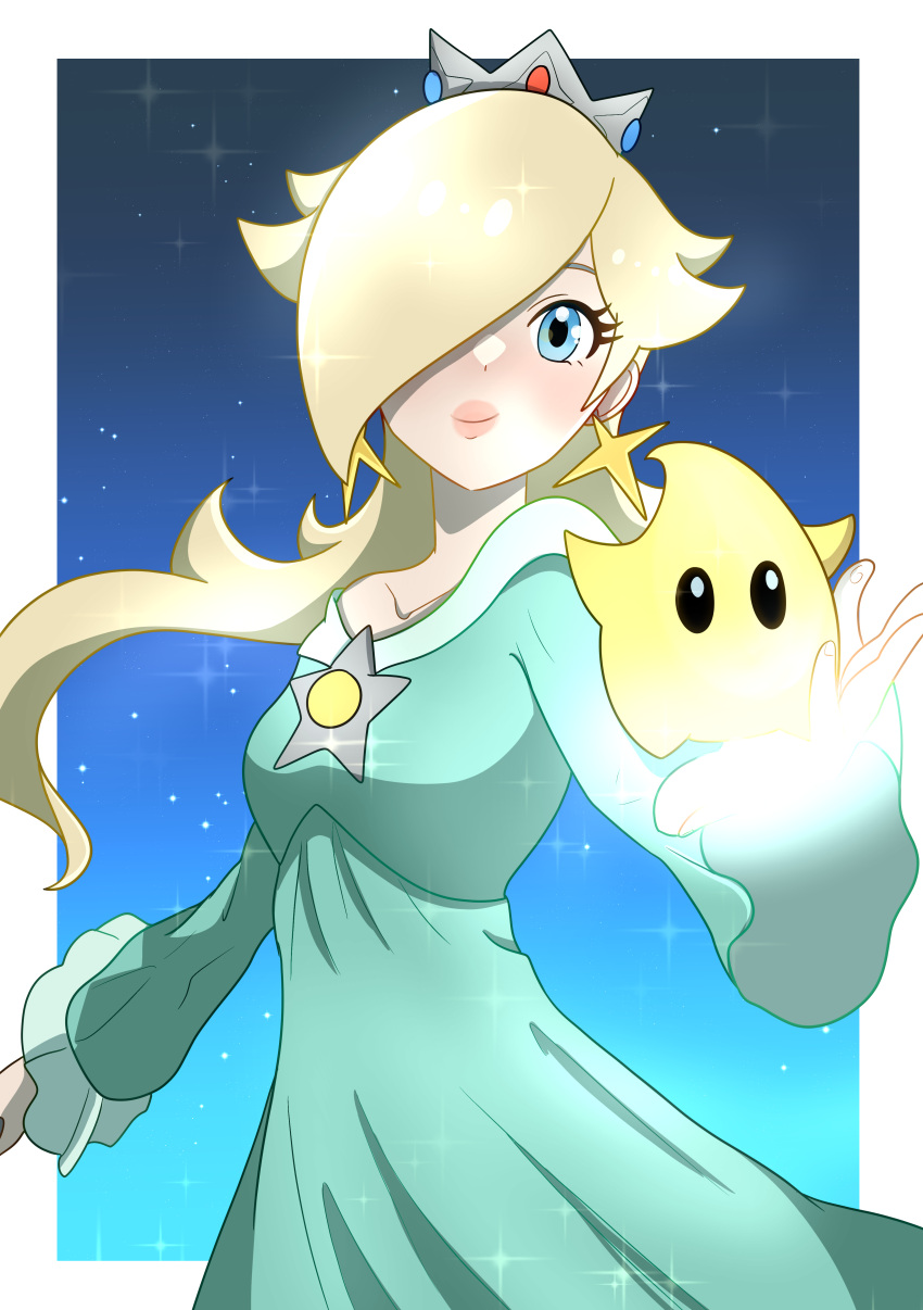 1girl, absurdres, blonde_hair, blue_dress, blue_eyes, border, brooch, closed_mouth