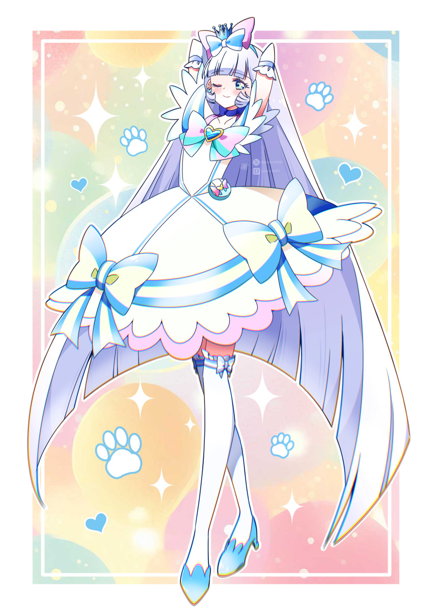 1girl, absurdres, aqua_bow, aqua_bowtie, arm_warmers, arms_up, blue_choker, blue_eyes