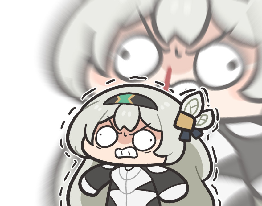 angry, blood, chibi, firefly_(ar-26710)_(honkai:_star_rail), firefly_(honkai:_star_rail), grey_hair, hair_between_eyes, hair_ornament