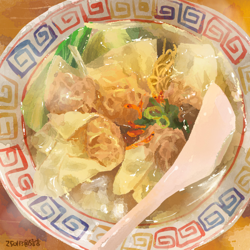 china, chives, food, food_focus, highres, hong_kong, no_humans, noodles, one-hour_drawing_challenge, original, ramen, shinkichimania, shrimp, soup, spoon, translation_request, vegetable, wonton