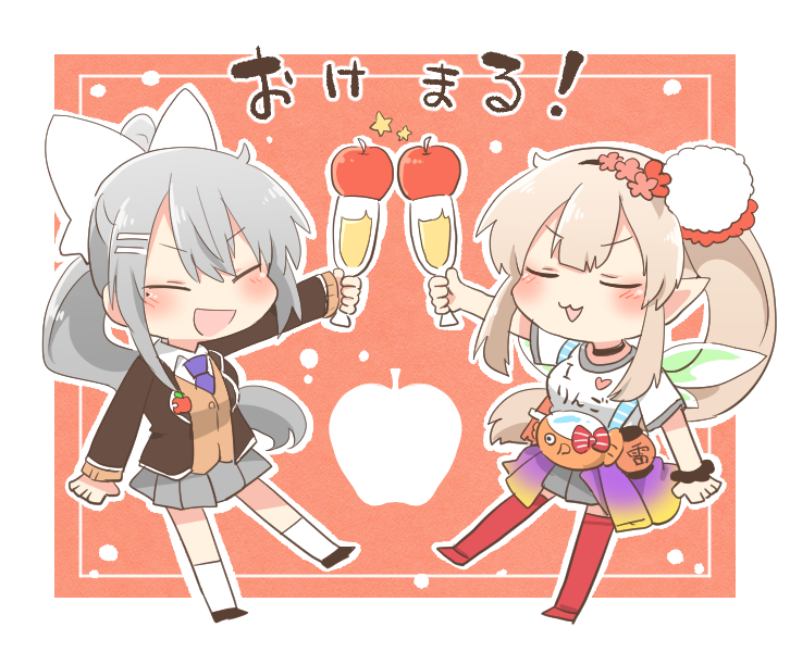 2girls, :d, apple, black_footwear, black_jacket, blazer, blush, breasts