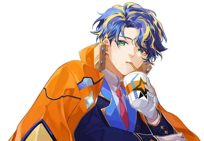 1boy, absurdres, astel_leda, astel_leda_(1st_costume), blonde_hair, blue_hair, blue_jacket, coat, coat_on_shoulders, crescent_(cgcrescent), cuff_links, cup, disposable_cup, drinking, drinking_straw, gloves, green_eyes, highres, holding, holding_cup, holostars, jacket, lapels, looking_at_viewer, male_focus, multicolored_hair, necktie, notched_lapels, orange_coat, parted_lips, red_necktie, shirt, short_hair, simple_background, solo, streaked_hair, upper_body, virtual_youtuber, white_background, white_gloves, white_shirt