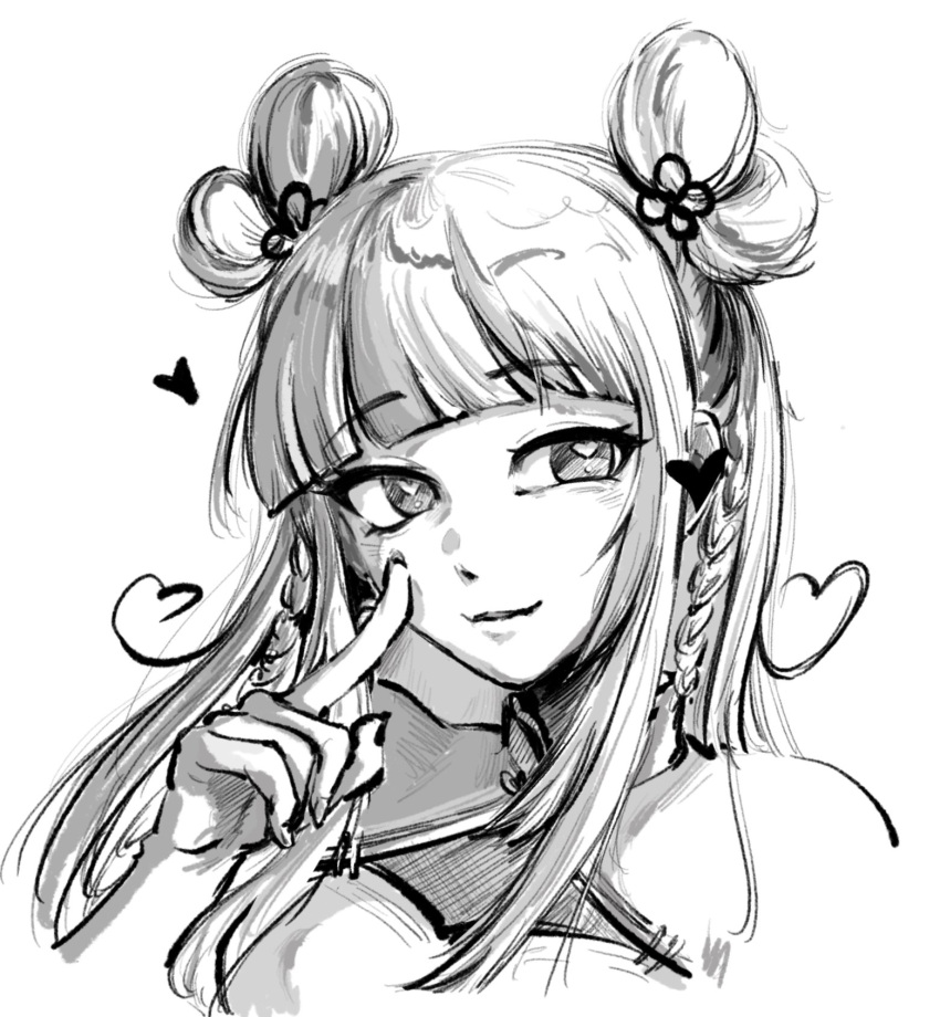 1girl, blunt_bangs, braid, donut_hair_bun, feng_yi_(synthesizer_v), finger_to_face, greyscale, hair_bun, heart, heart-shaped_pupils, highres, index_finger_raised, long_hair, mamaeefanfan, monochrome, side_braid, sidelocks, simple_background, solo, symbol-shaped_pupils, synthesizer_v, twin_braids, weiward_romance_(synthesizer_v), white_background