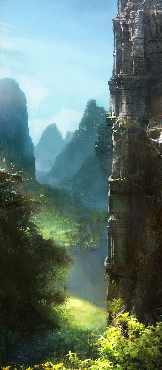 bird, castle, forest, highres, landscape, long_image, mountain, nature