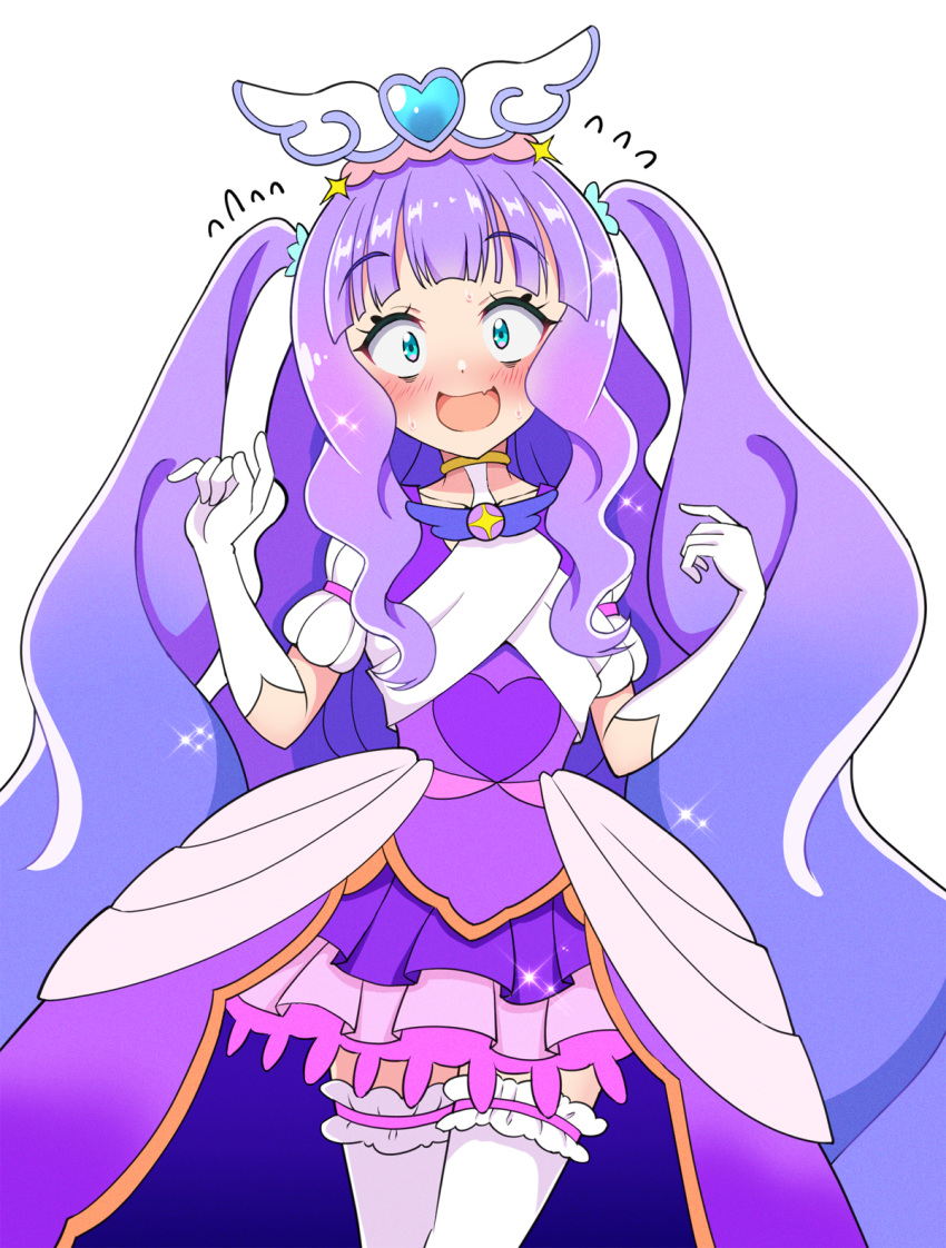 1girl, aqua_eyes, blush, brooch, commentary, constricted_pupils, cure_majesty, dress