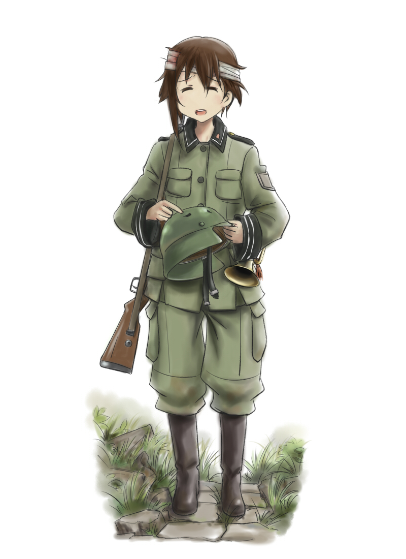 blood, boots, brown_hair, bugle, closed_eyes, helmet, injury, military