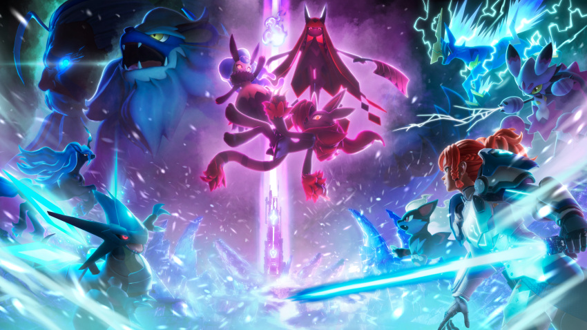 absurdres, armor, azurmane_(palworld), bastigor_(palworld), bjorn_seligsson, blizzard, electricity, energy_sword, fire, highres, nitemary, nyafia_(palworld), official_art, pal_(creature), palworld, player_character_(palworld), prunelia, silk, smokie_(palworld), spider_web, splatterina, starryon_(palworld), sword, tarantriss, tower, weapon, xenolord