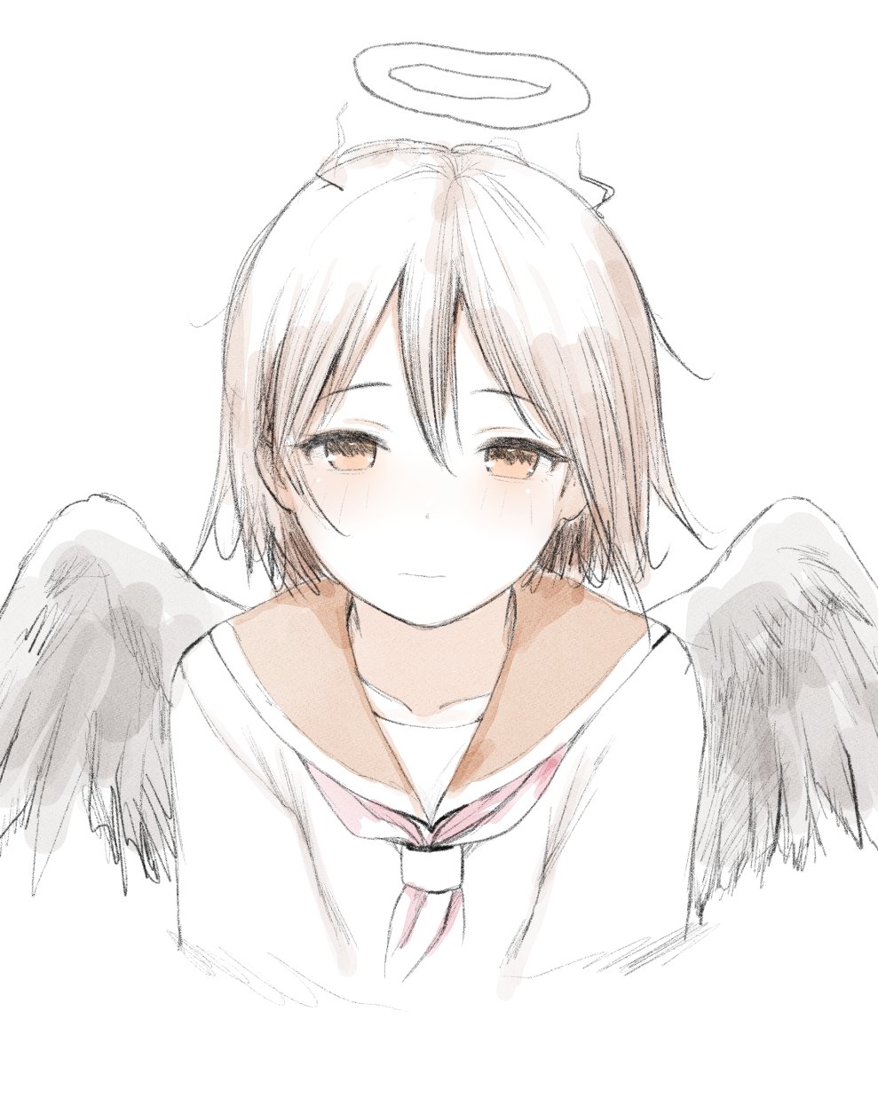 1girl, angel, angel_wings, brown_eyes, brown_hair, fake_halo, feathered_wings, glowing, glowing_halo, grey_wings, haibane_renmei, halo, highres, messy_hair, orange_sailor_collar, rakka_(haibane), sailor_collar, sakiecho, simple_background, solo, static_cling, traditional_halo, wings