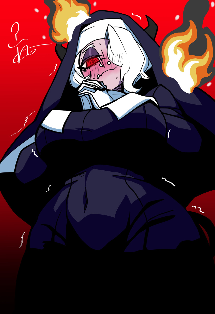 1girl, @_@, absurdres, black_dress, blush, breasts, burning, burning_clothes, commentary_request, demon_girl, demon_horns, dress, eyeshadow, fire, habit, hair_over_one_eye, helltaker, highres, horns, large_breasts, lip_piercing, looking_at_viewer, makeup, nose_piercing, nun, own_hands_together, piercing, purple_eyeshadow, red_background, red_eyes, simple_background, solo, thieviusa, traditional_nun, white_hair, zdrada_(helltaker)