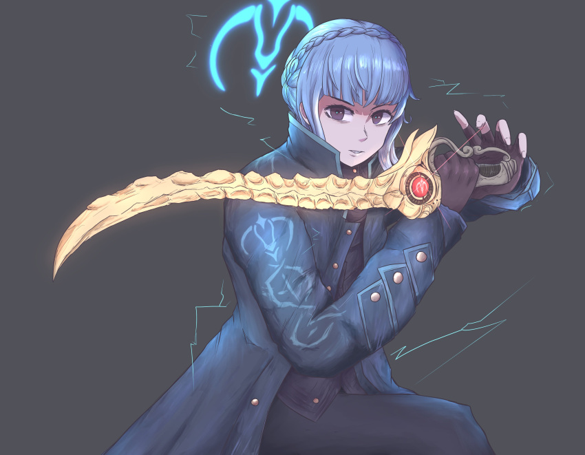 1girl, absurdres, black_pants, blue_coat, blue_hair, blutgang_(fire_emblem), braid, brown_eyes