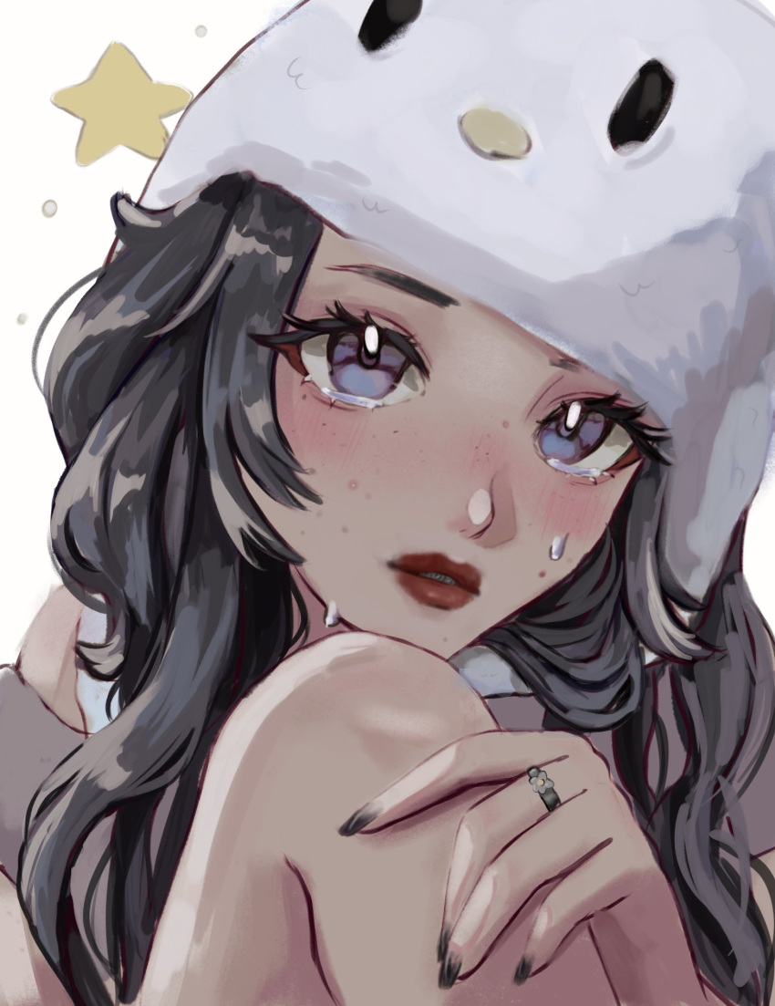 1girl, bird_hat, black_hair, blue_eyes, highres, jewelry, knee_up, long_hair