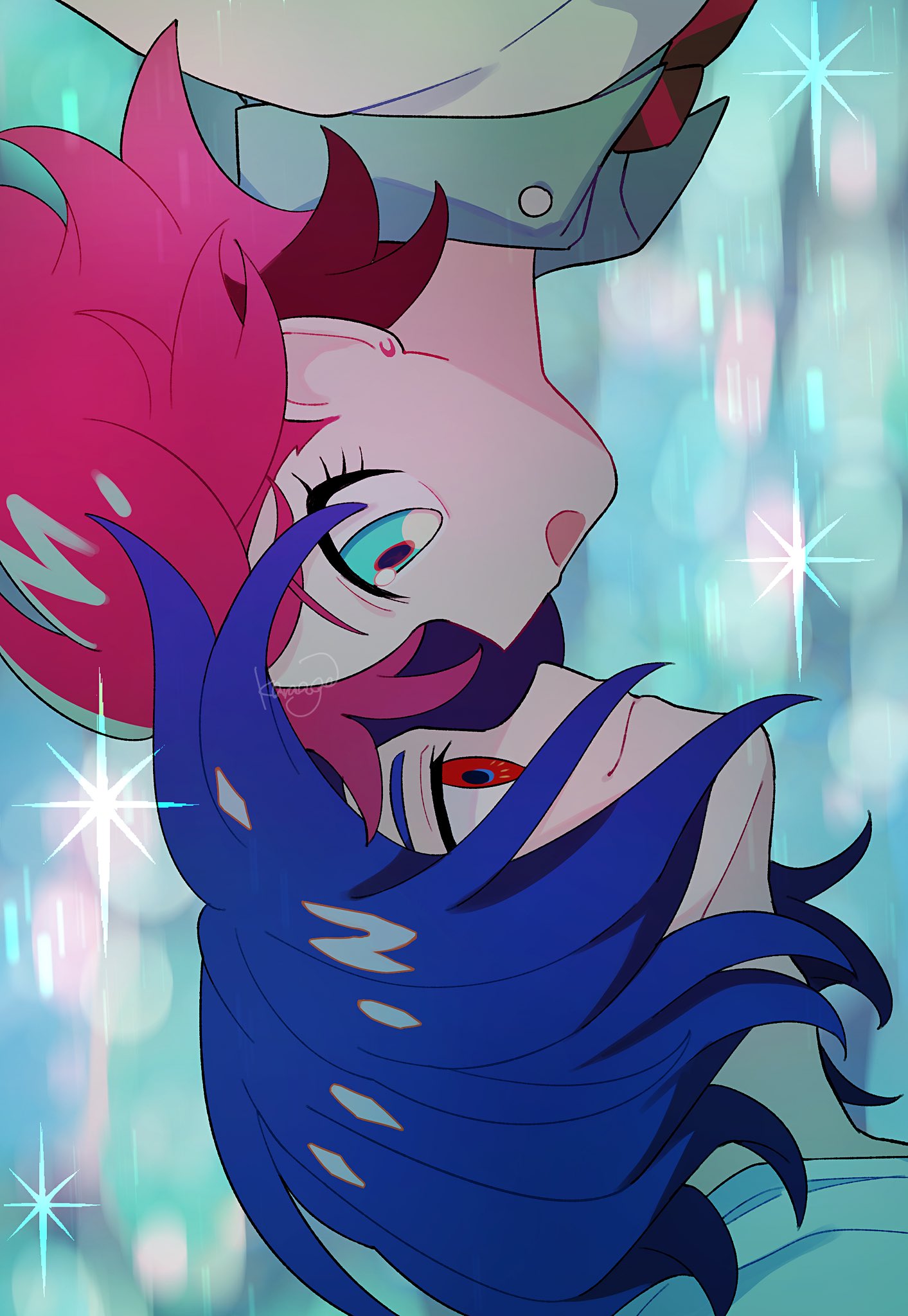 1boy, 1girl, amate_yuzuriha, aqua_eyes, blue_hair, closed_mouth, gundam, gundam_gquuuuuux, highres, karaage_bentou_(28grtm), looking_at_another, multicolored_hair, necktie, open_mouth, purple_hair, red_eyes, red_hair, school_uniform, shirt, short_hair, shuji_ito, smile, sweater, zooming_in