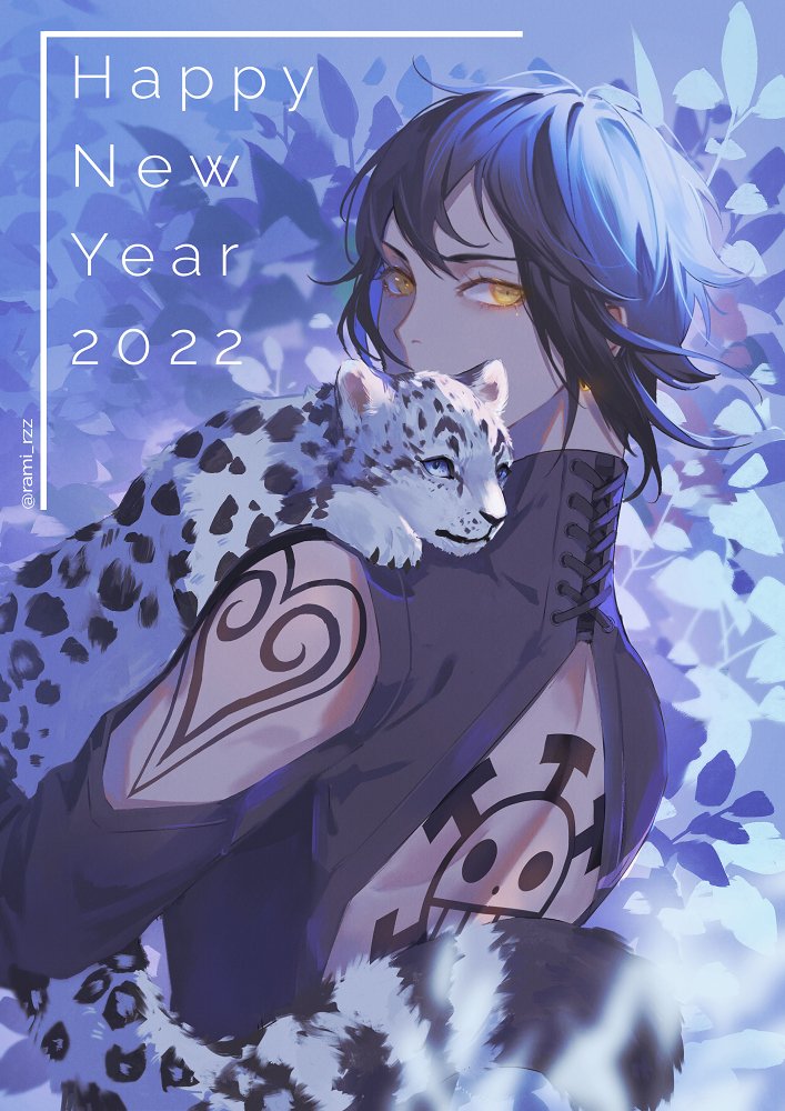1girl, 2022, animal, back_cutout, back_tattoo, black_hair, blue_background, clothing_cutout, commentary_request, eyelashes, genderswap, genderswap_(mtf), happy_new_year, heart, heart_tattoo, holding, holding_animal, law-chan, looking_at_viewer, looking_back, one_piece, rami_rz, short_hair, shoulder_tattoo, snow_leopard, solo, tattoo, thai_commentary, trafalgar_law, upper_body, yellow_eyes