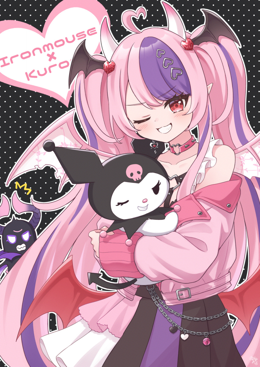 1girl, ahoge, black_skirt, bubi_(ironmouse), choker, demon_girl, demon_tail, demon_wings