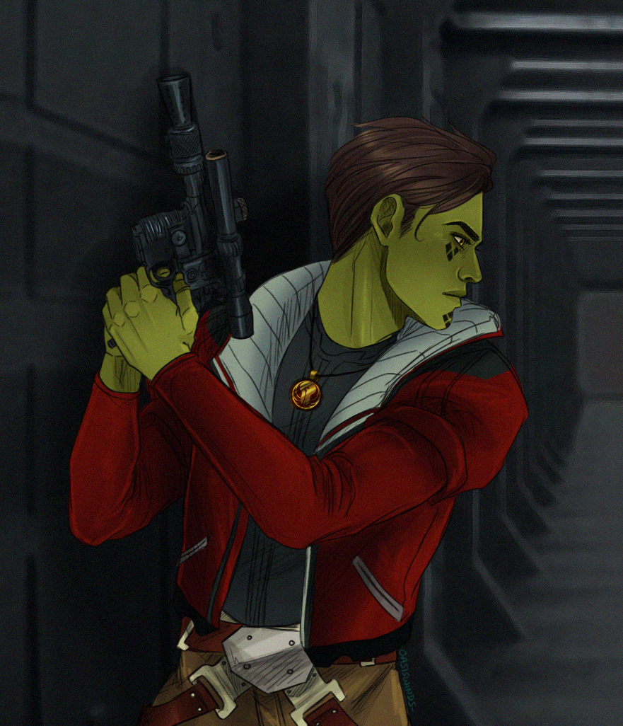alien, brown_hair, colored_skin, facial_mark, green_skin, grey_shirt, gun, holding