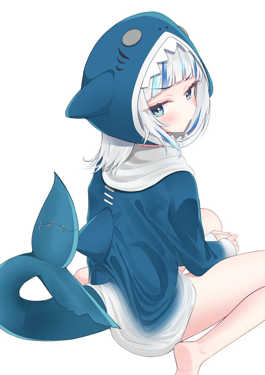 1girl, absurdres, animal_hood, barefoot, blue_eyes, blue_hair, blue_hoodie, blush, closed_mouth, fins, fish_tail, gawr_gura, gawr_gura_(1st_costume), highres, hololive, hololive_english, hood, hoodie, kanna_hm33, looking_at_viewer, medium_hair, multicolored_hair, shark_girl, shark_hood, shark_tail, solo, streaked_hair, tail, virtual_youtuber, white_background, white_hair