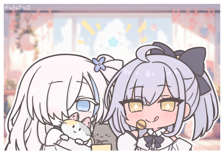 +_+, 2girls, :q, animal, azur_lane, bare_shoulders, black_bow, black_cat