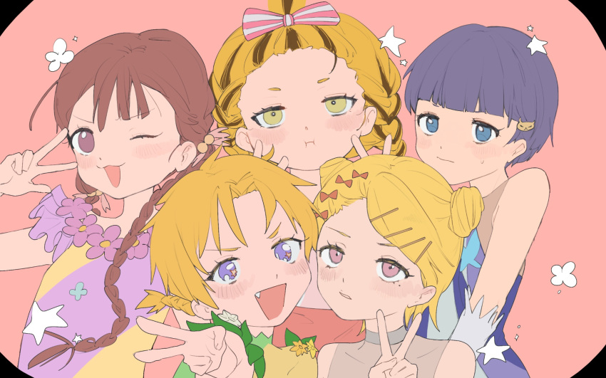 5girls, blonde_hair, blue_eyes, blue_hair, braid, brown_hair, fang, flower, hair_ornament, hair_ribbon, hairpin, highres, kamoto_suzu, kitora_kanna, koguma_ritsuka, kurosawa_miihi, medalist_(manga), mole, mole_under_eye, multicolored_hair, multiple_girls, multiple_hairpins, portrait, pout, ribbon, shishido_seira, star-shaped_pupils, star_(symbol), symbol-shaped_pupils, te_1v, twin_braids, two-tone_hair, v