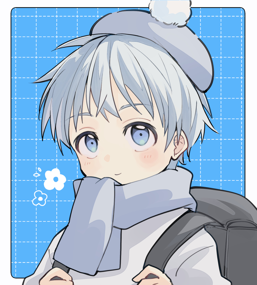 1boy, aged_down, backpack, bag, beret, black_bag, blue_eyes, blue_hair