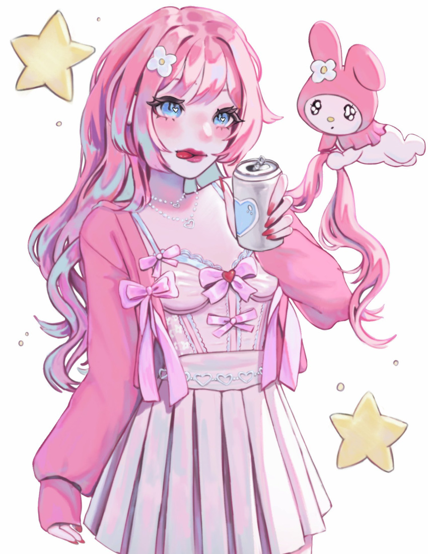 1girl, blue_eyes, creature, highres, jacket, licking_lips, long_hair, long_sleeves, necktie, nightgown, original, pink_hair, pink_jacket, pink_nightgown, pufioli, solo, star_(symbol), tongue, tongue_out