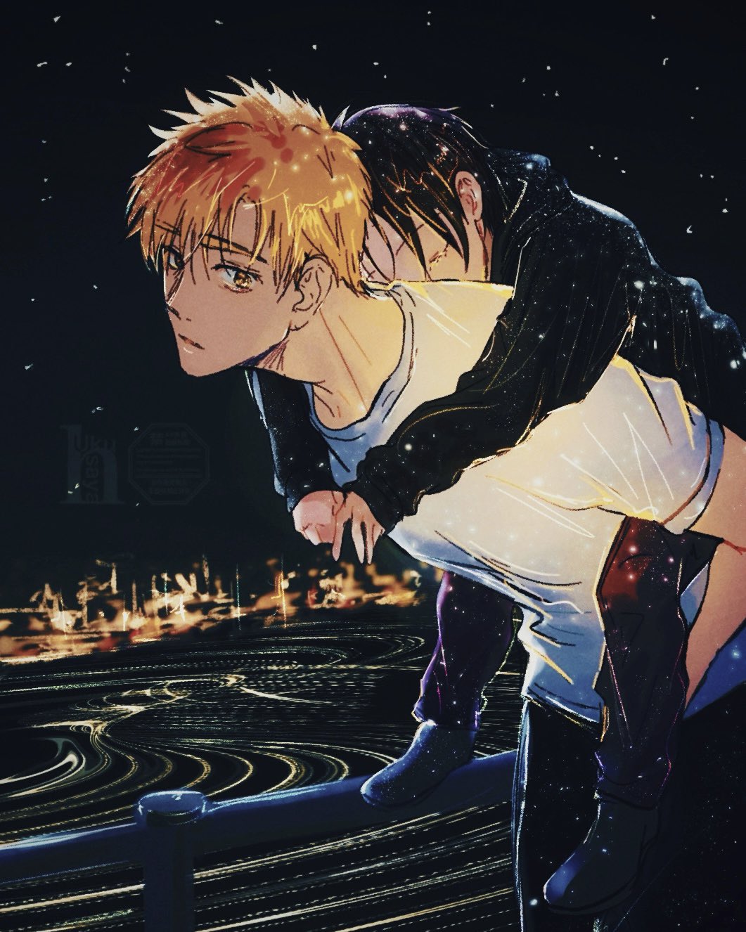 1boy, 1girl, akeuraji_tsukasa, blonde_hair, brown_hair, carrying, highres, hukusaya