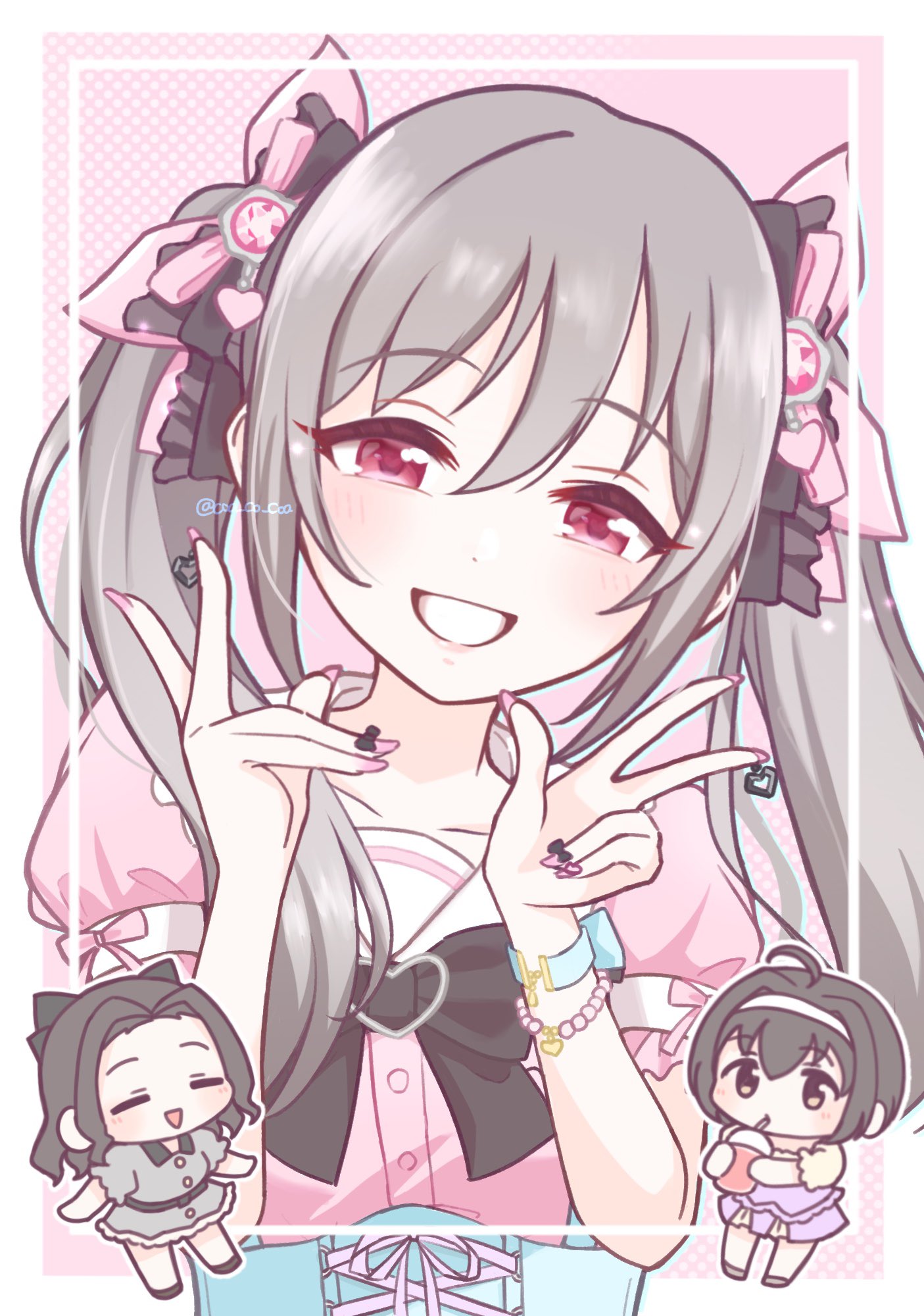 3girls, ahoge, black_bow, black_bowtie, black_hair, blush, bow, bowtie