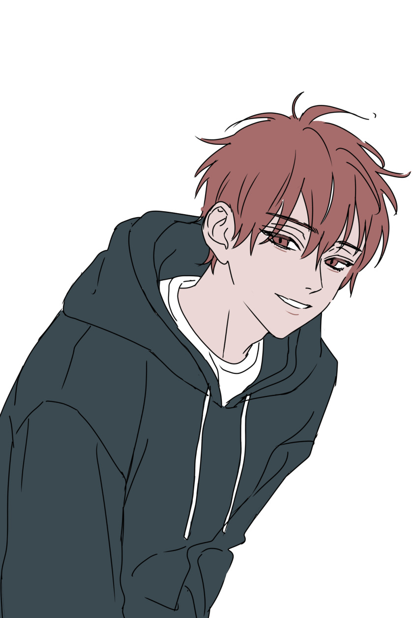 1boy, akashi_seijuurou, black_hoodie, commentary_request, crew_neck, ddzz_s2, drawstring, dutch_angle, hair_between_eyes, highres, hood, hood_down, hoodie, korean_commentary, kuroko_no_basuke, long_sleeves, looking_to_the_side, male_focus, red_eyes, red_hair, shirt, short_hair, sideways_glance, simple_background, slit_pupils, smile, solo, teeth, upper_body, white_background, white_shirt