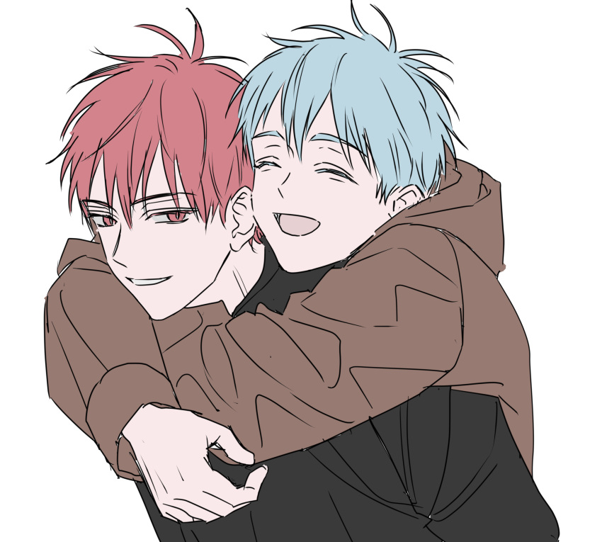 2boys, akashi_seijuurou, arms_around_neck, black_jacket, blue_hair, brown_hoodie, closed_eyes, commentary_request, ddzz_s2, hair_between_eyes, highres, hood, hood_down, hoodie, jacket, korean_commentary, kuroko_no_basuke, kuroko_tetsuya, long_sleeves, looking_at_another, male_focus, multiple_boys, open_mouth, red_eyes, red_hair, short_hair, simple_background, smile, teeth, upper_body, white_background