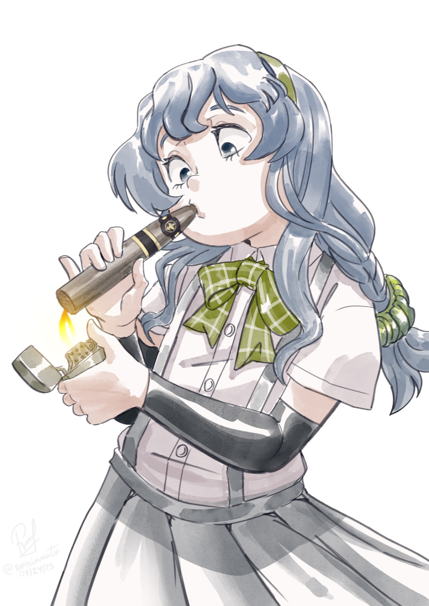 1girl, absurdres, arm_warmers, bow, bowtie, braid, cigar, collared_shirt