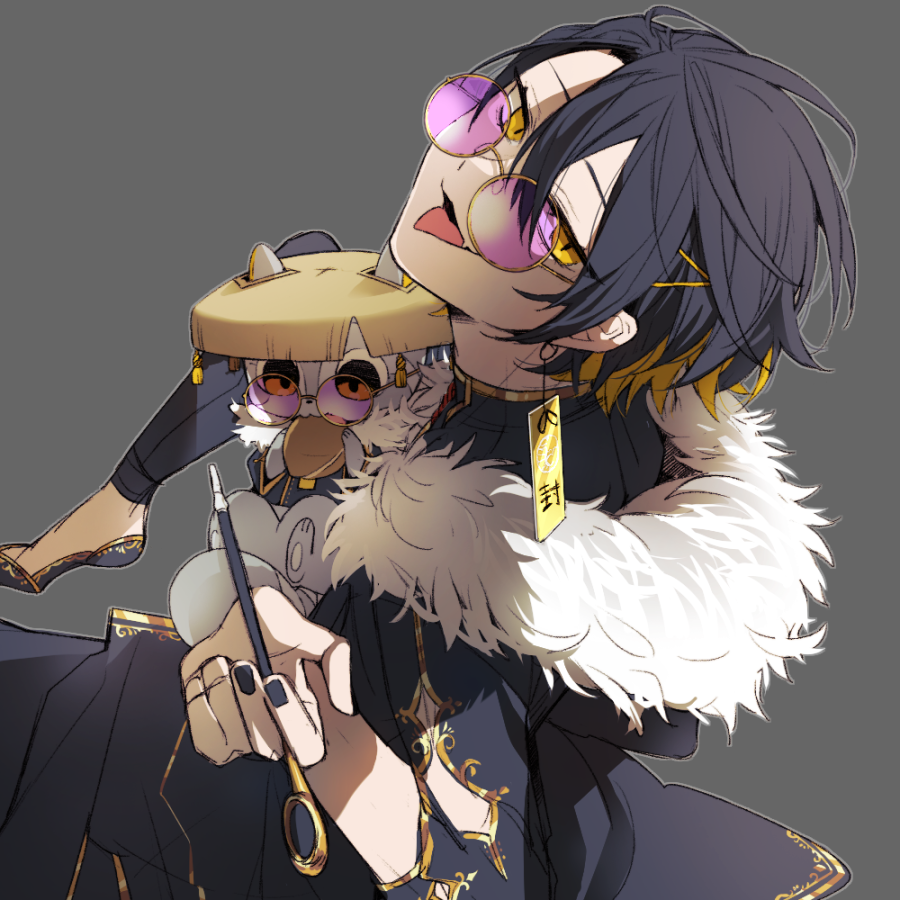 029jrr, 1boy, :p, alternate_costume, animal, arm_cutout, black_coat, black_hair