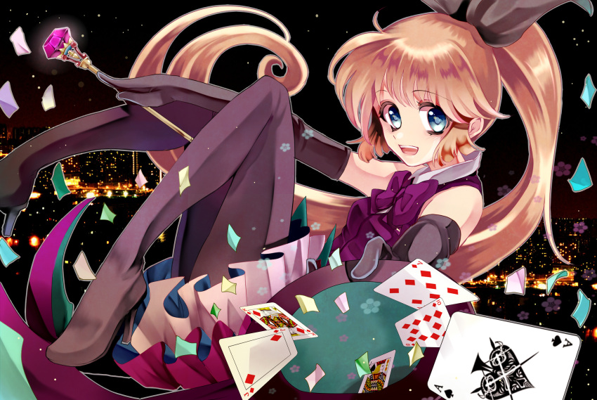 blue_eyes, card, elbow_gloves, floating_card, gloves, haneoka_meimi, happy, hat, highres, kaitou_saint_tail, kurabayashi, kurahayashi_matoni, long_hair, magical_girl, night, pantyhose, ponytail, saint_tail, skirt, sky, top_hat, wand