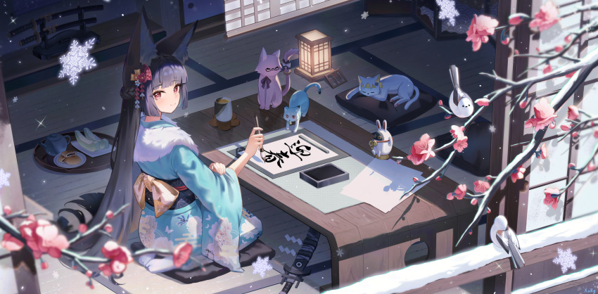 1girl, absurdres, alternate_costume, animal_ears, architecture, bird, black_hair, black_sash, blue_kimono, calligraphy, calligraphy_brush, closed_mouth, commentary_request, cup, east_asian_architecture, food, fox_ears, fox_girl, half_up_braid, highres, holding, holding_calligraphy_brush, holding_paintbrush, hoshimi_miyabi, indoors, japanese_clothes, kimono, long_hair, luckyboo_(zenless_zone_zero), no_shoes, paintbrush, partial_commentary, red_eyes, sash, scabbard, seiza, sheath, sheathed, sitting, smile, solo, sword, very_long_hair, weapon, xary, yunomi, zenless_zone_zero