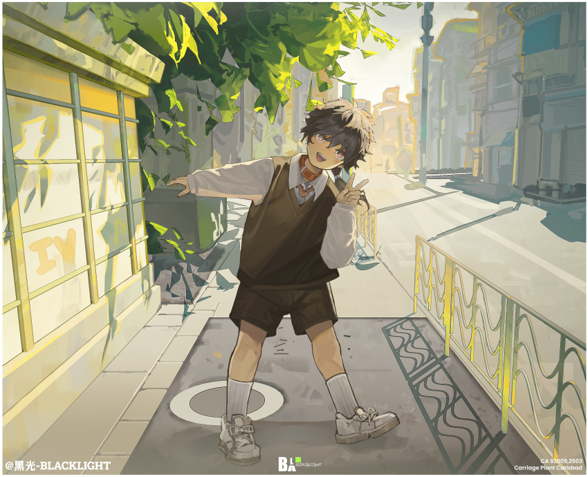 1boy, black_hair, black_shorts, building, child, collar, collared_shirt, day